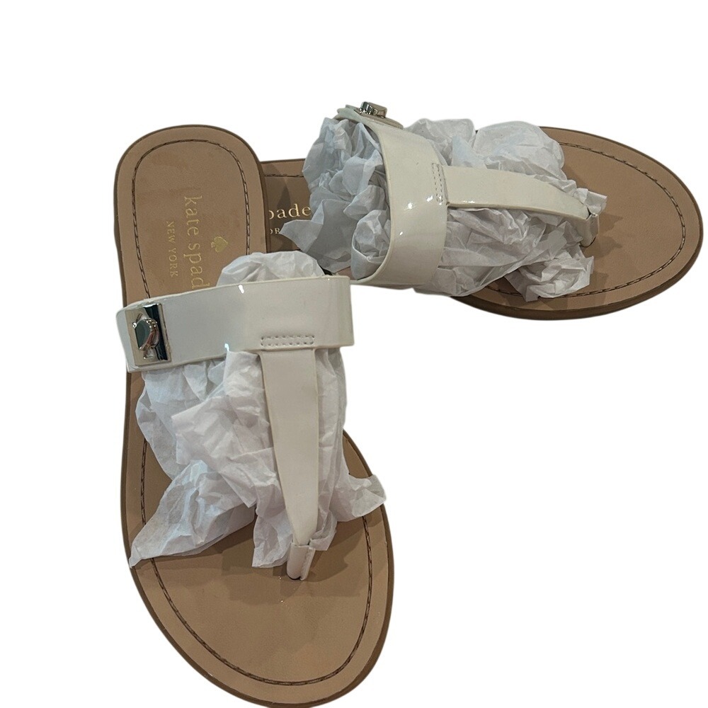 Kate Spade Castille White Patent Leather Logo Thong Sandals Women US 7.5 EUR 38